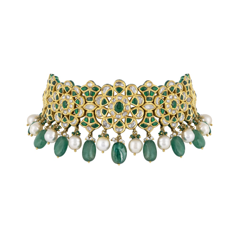 Floral Polki Choker with Green Talaf, Emerald & Pearl Drops